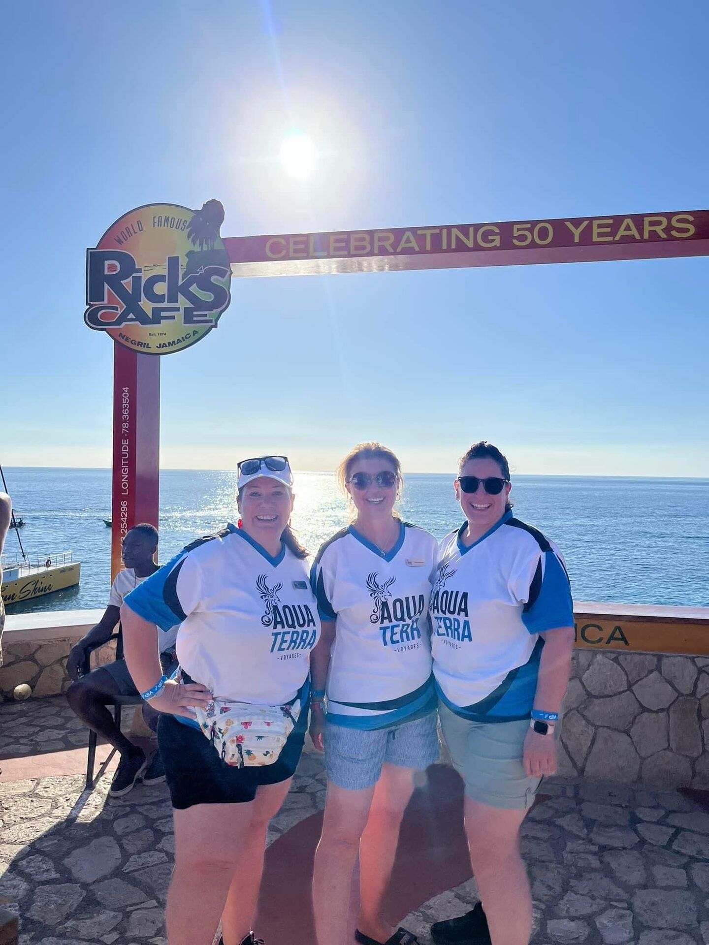Three AquaTerra advisors under the Rick’s Café sign in Negril Three AquaTerra advisors under the Rick’s Café sign in Negril