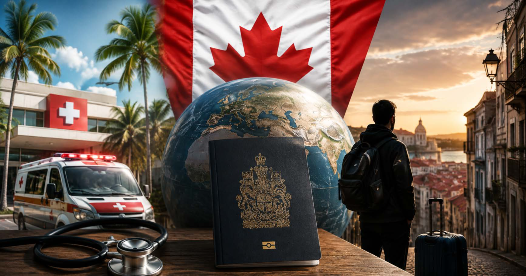 Passeport canadien devant un globe terrestre, avec une ambulance, un hôpital et un voyageur à l'étranger illustrant l'aide consulaire, l'assurance voyage et les urgences en voyage.