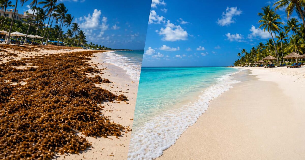 Split panoramic image showing on the left a Caribbean beach covered with brown sargassum seaweed and on the right a clean tropical beach with white sand, turquoise water, and palm trees.