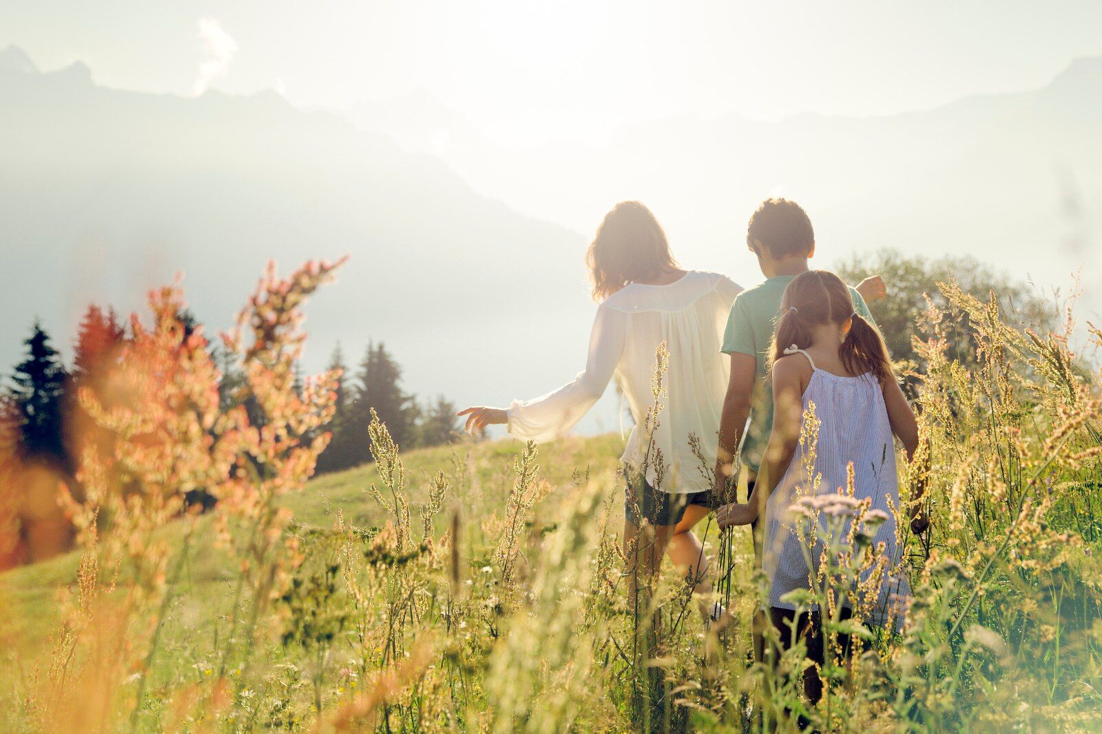 A family walking through tall grass
