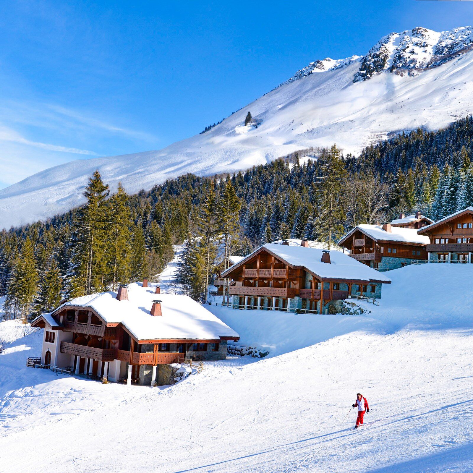Snow-covered chalets in an Alpine forest