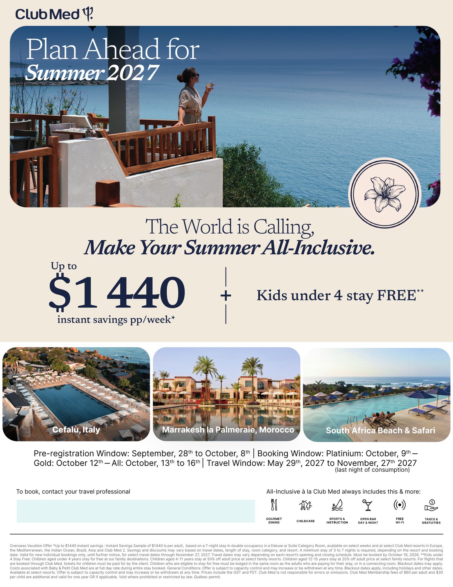 Club Med summer 2027: pre-registration September 28 to October 8, 2026, all-inclusive resorts in Cefalù, Marrakech and South Africa, with Voyages AquaTerra