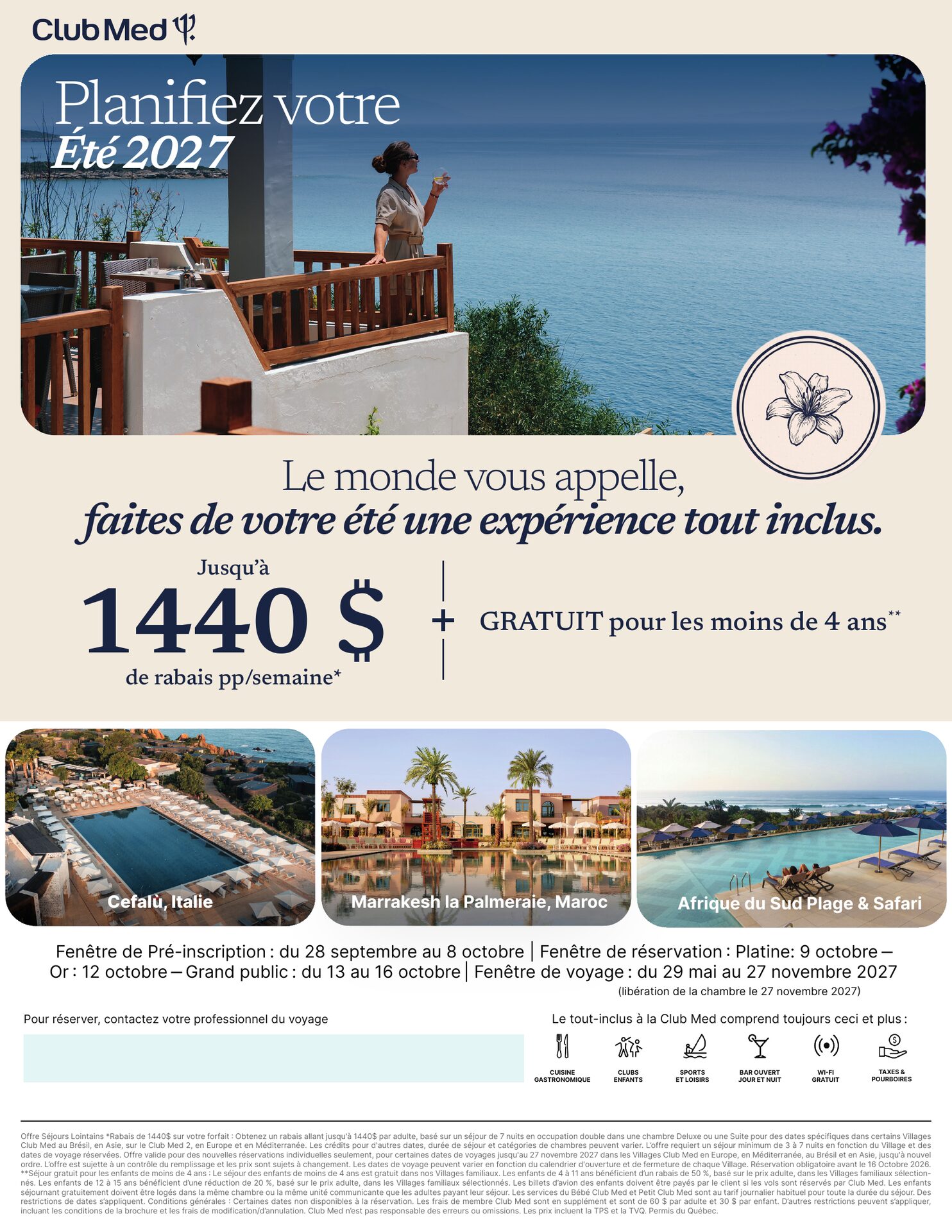 Club Med été 2027 : pré-inscription du 28 septembre au 8 octobre 2026, villages tout inclus à Cefalù, Marrakech et en Afrique du Sud, avec Voyages AquaTerra