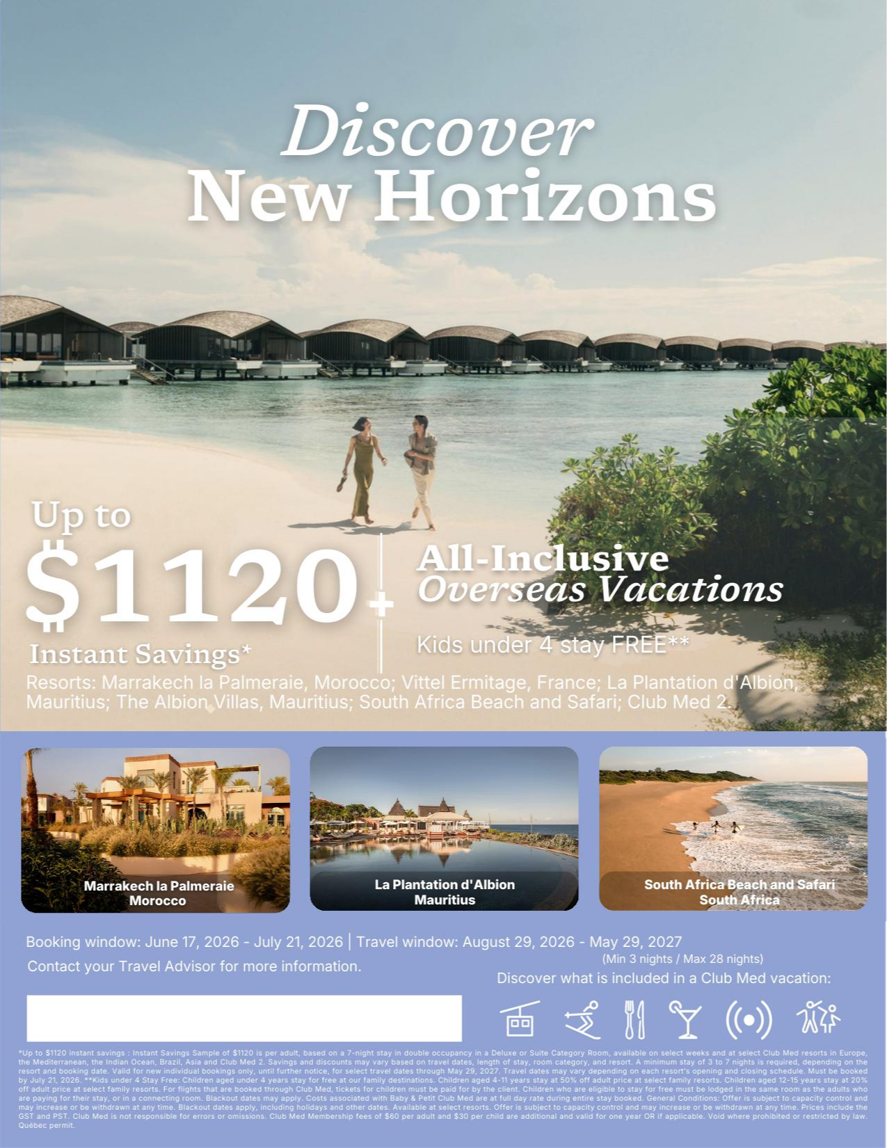 Club Med Promotions Discover new horizons Up to 1120$ Instant Savings off with Aqua Terra Travel