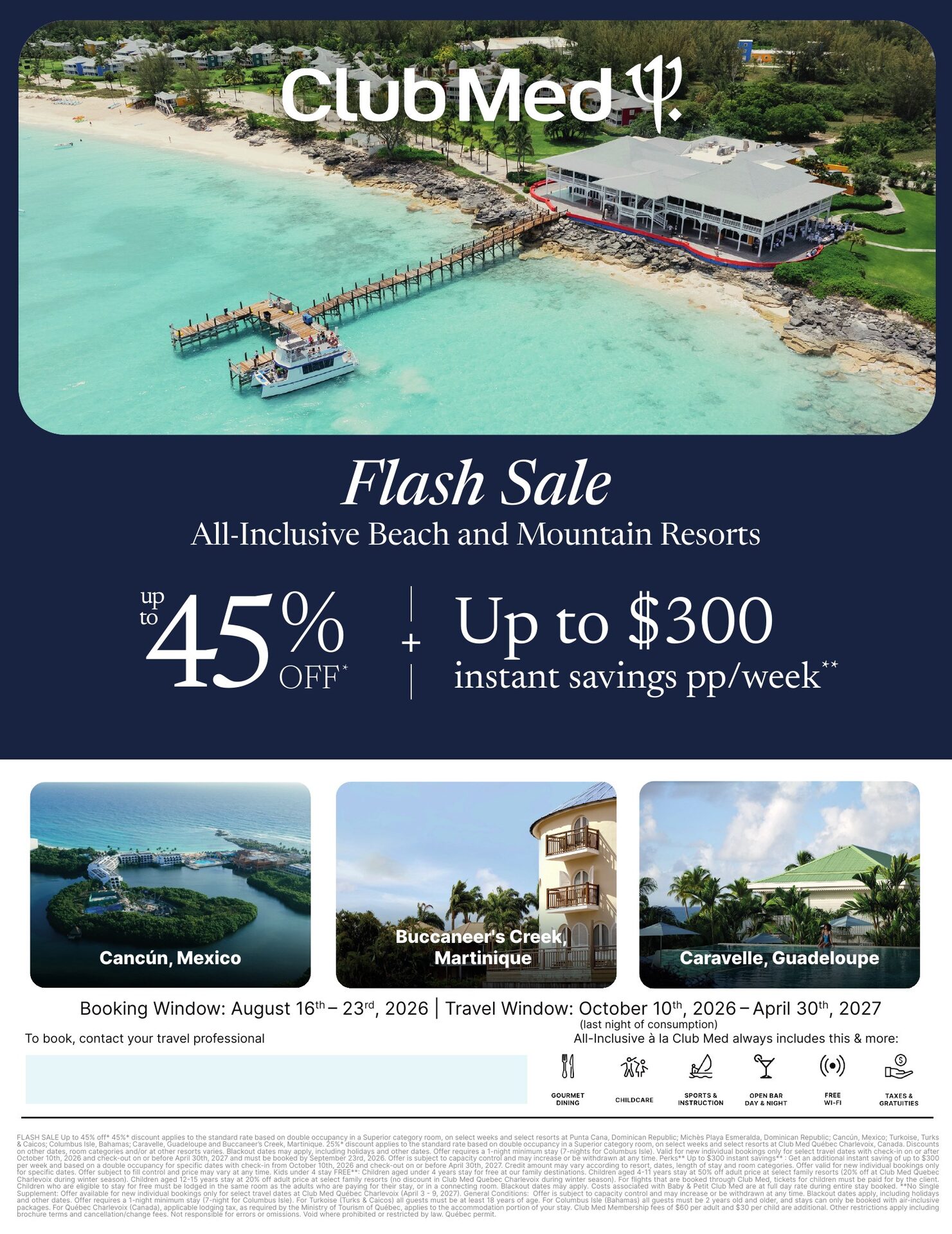 Club Med Flash Sale: up to 45% off and up to $300 instant savings at all-inclusive beach and mountain resorts, book by September 23, 2026, with Voyages AquaTerra