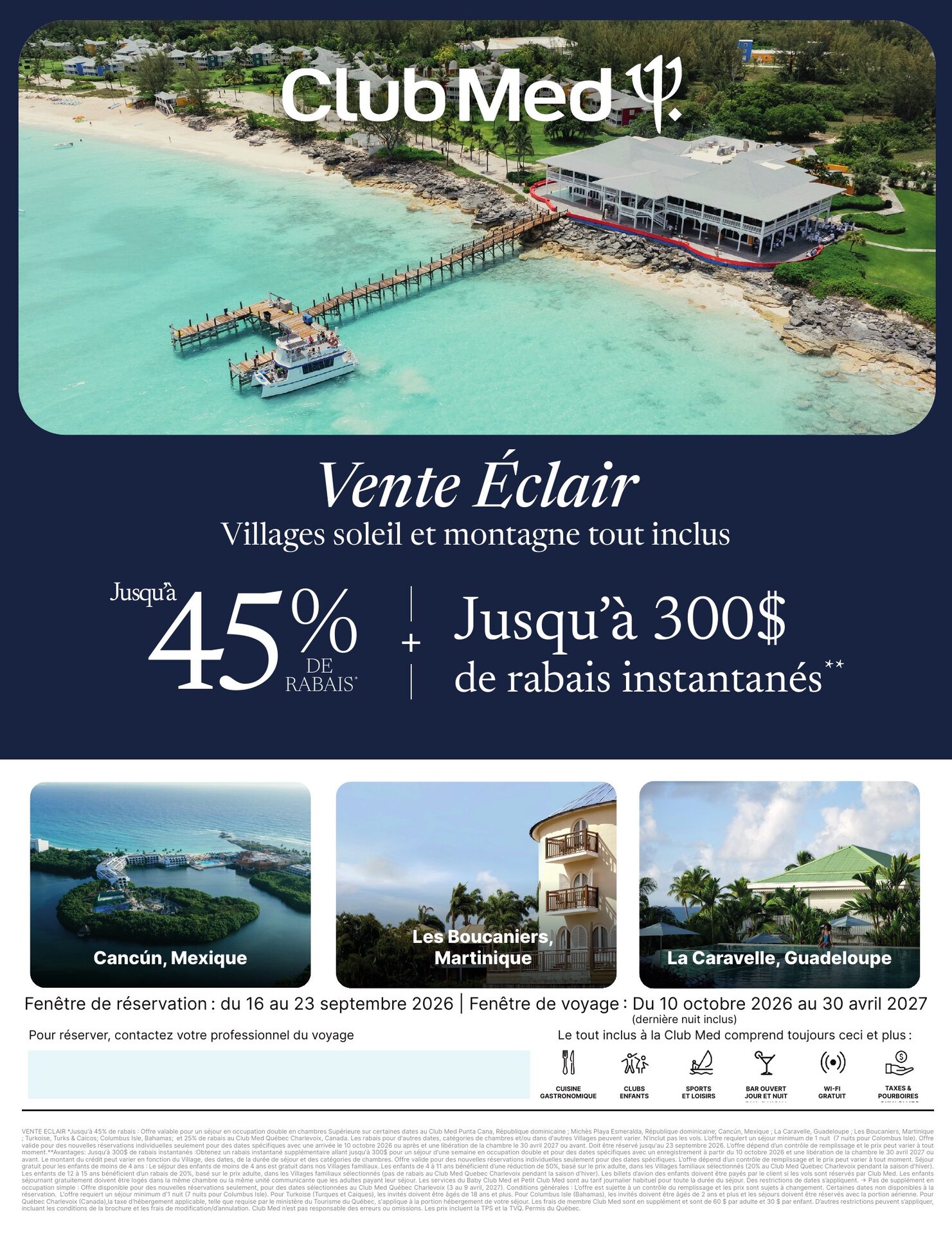 Vente Éclair Club Med : jusqu'à 45 % de rabais et jusqu'à 300 $ de rabais instantanés sur les villages tout inclus soleil et montagne, réservation avant le 23 septembre 2026, avec Voyages AquaTerra