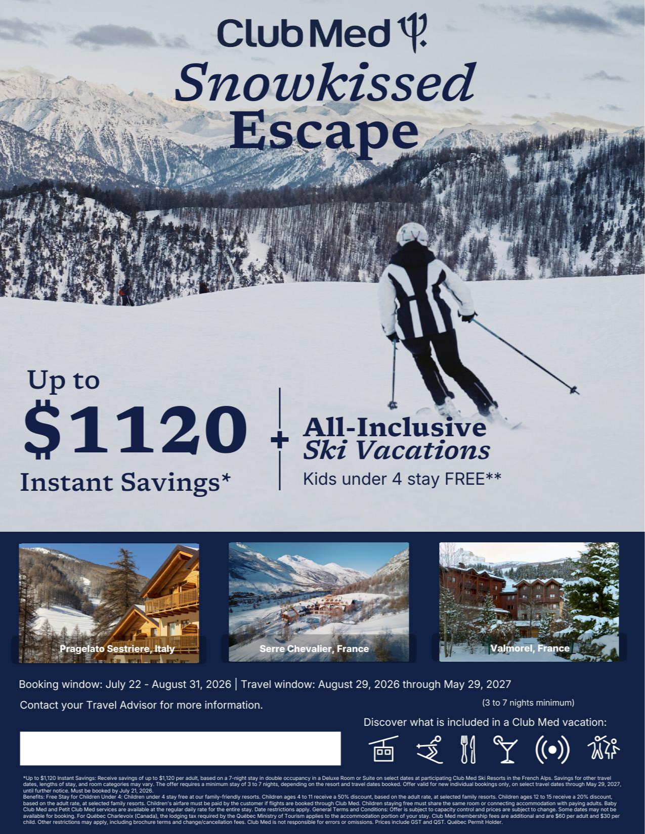 Club Med Vacations Promotion Snowkissed Escape Up to 1120$ Instant Savings off with Voyages Aqua Terra