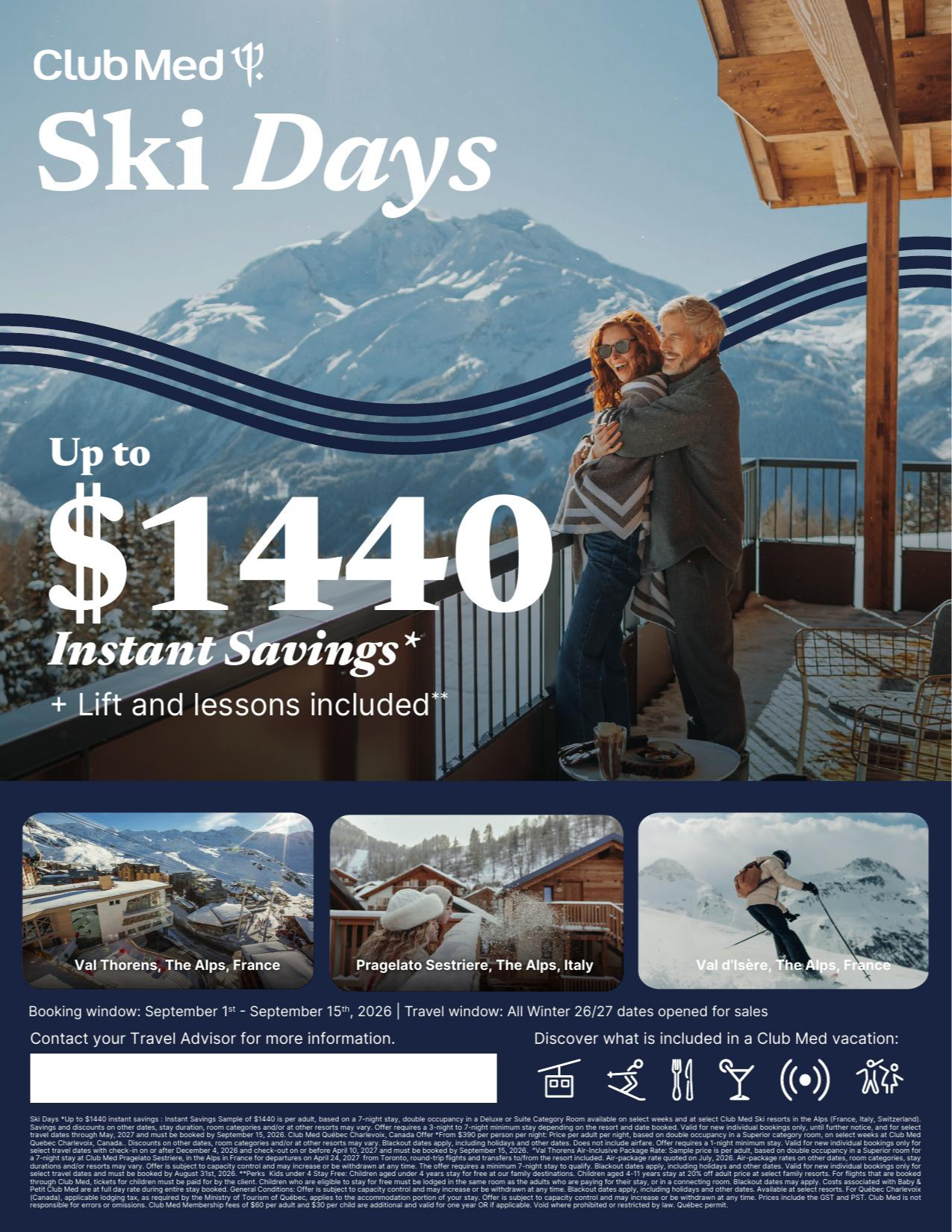 Club Med Vacations Promotion Ski Days Up to 1440$ Instant Savings off with Voyages Aqua Terra