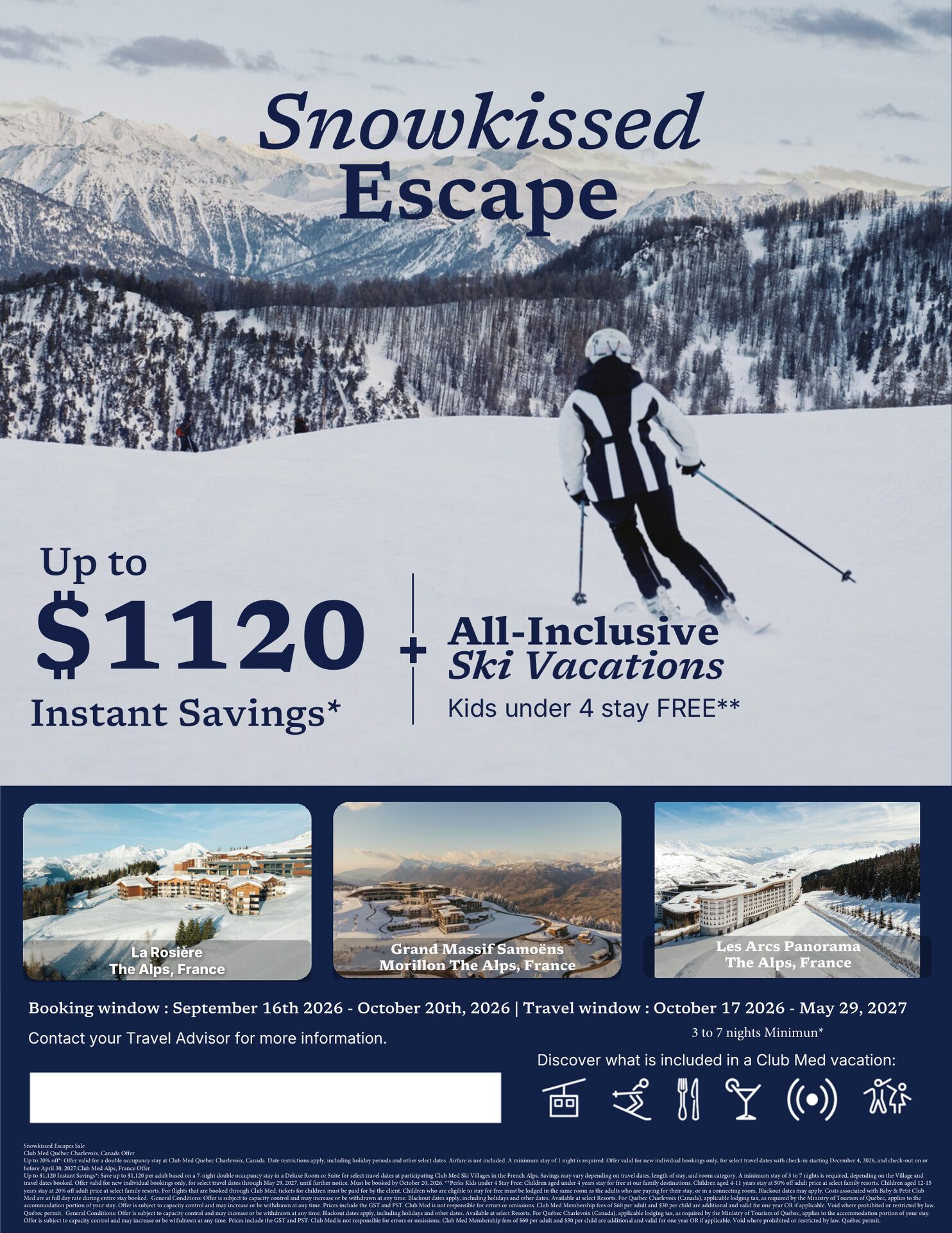 Club Med Snow Escapes: all-inclusive ski packages in the French Alps (La Rosière, Val d'Isère, Les Arcs Panorama), book by October 20, 2026 with Voyages AquaTerra