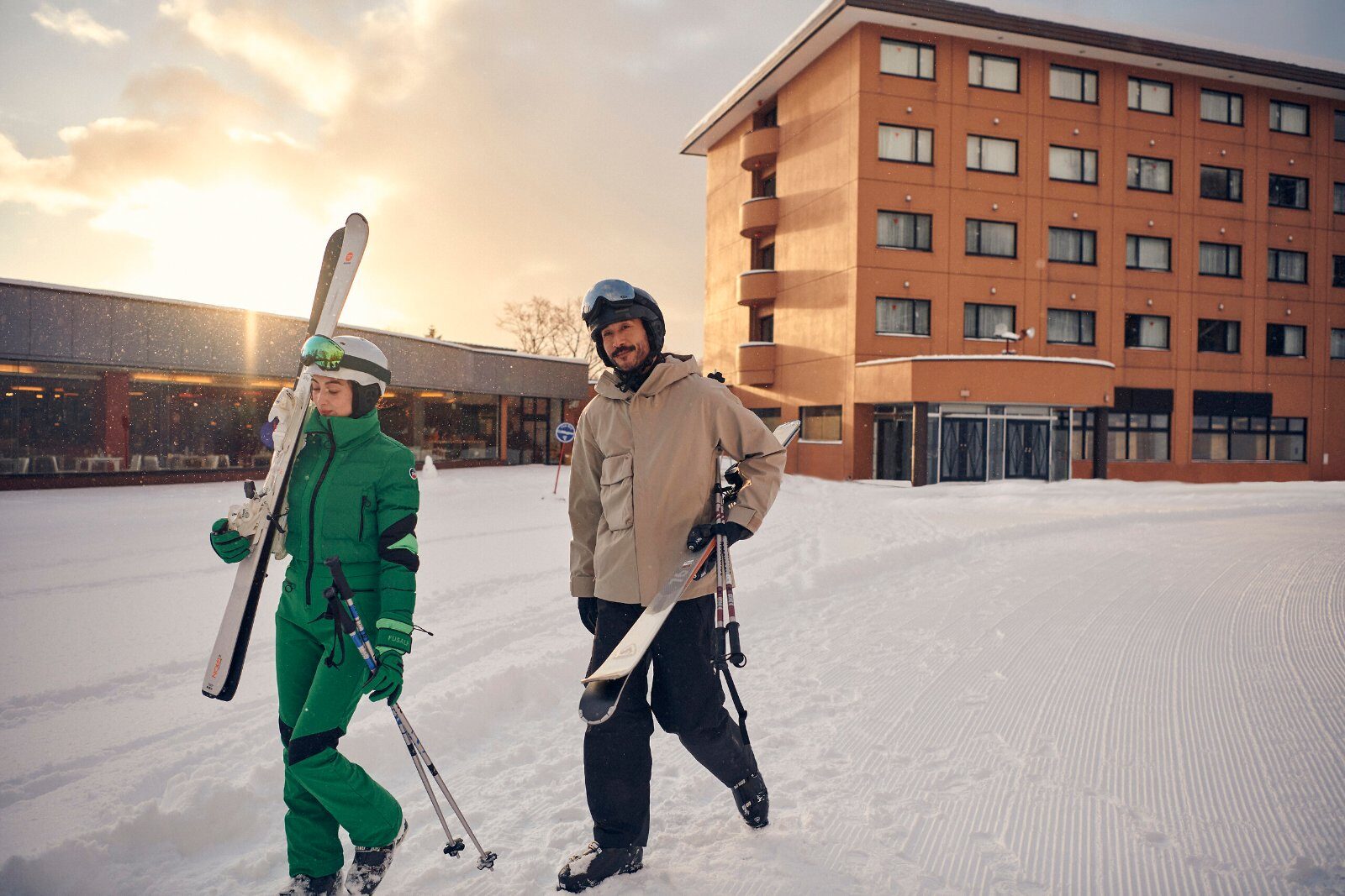 Skiers in front of Club Med Sahoro Hokkaido