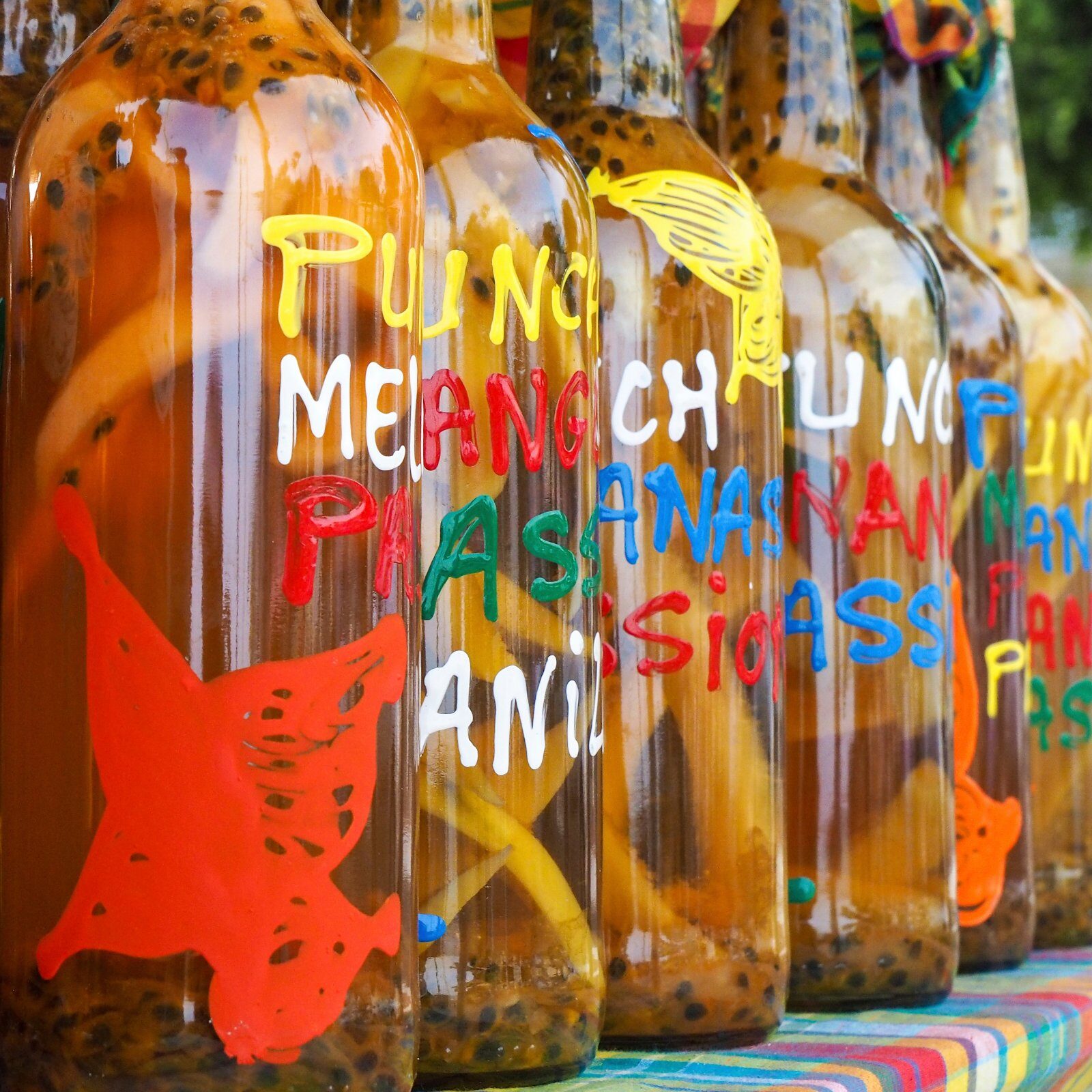 Bottles of flavoured rum from the Antilles