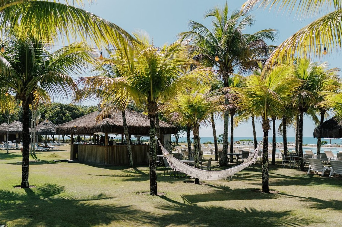 Hamac suspendu entre deux palmiers au Club Med Trancoso, avec la piscine et le bar en arrière-plan pour une relaxation parfaite.