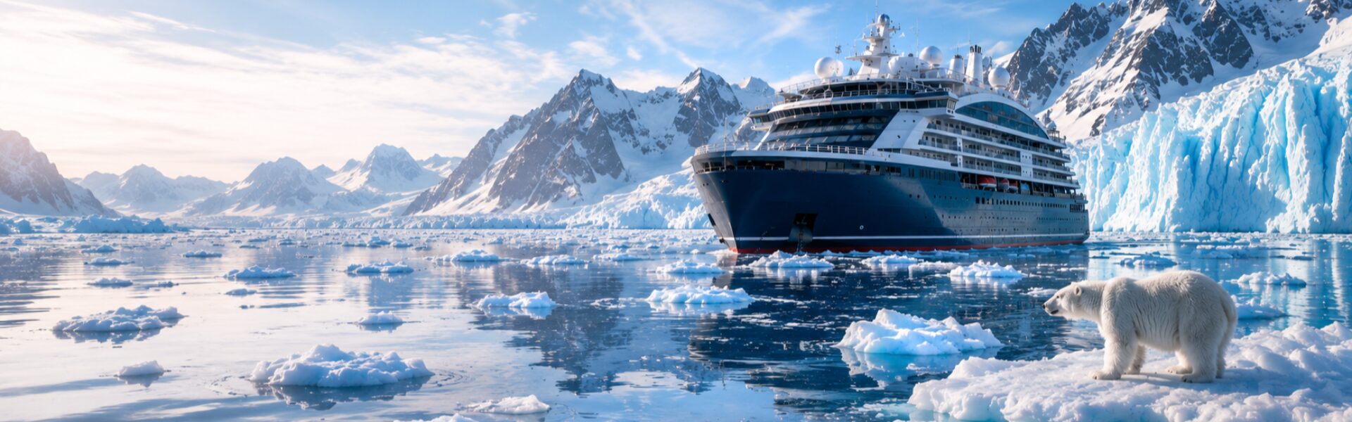 Le Commandant Charcot naviguant parmi les glaciers et la banquise de l'Arctique, sous un ciel dégagé, avec un ours polaire au premier plan et les montagnes enneigées du Grand Nord en arrière-plan.