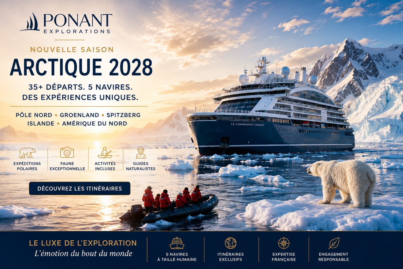 Le Commandant Charcot de Ponant Explorations naviguant parmi les glaciers et la banquise de l'Arctique, avec un ours polaire, un zodiac d'expédition et les destinations 2028 : Pôle Nord, Groenland, Sp