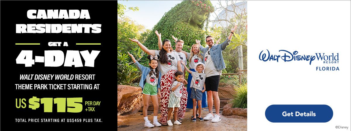 Walt Disney World Resort in Florida: Canadian residents get a 4-day ticket to Walt Disney World theme parks starting at $115 USD Walt Disney World Resort in Florida: Canadian residents get a 4-day ticket to Walt Disney World theme parks starting at $115 USD