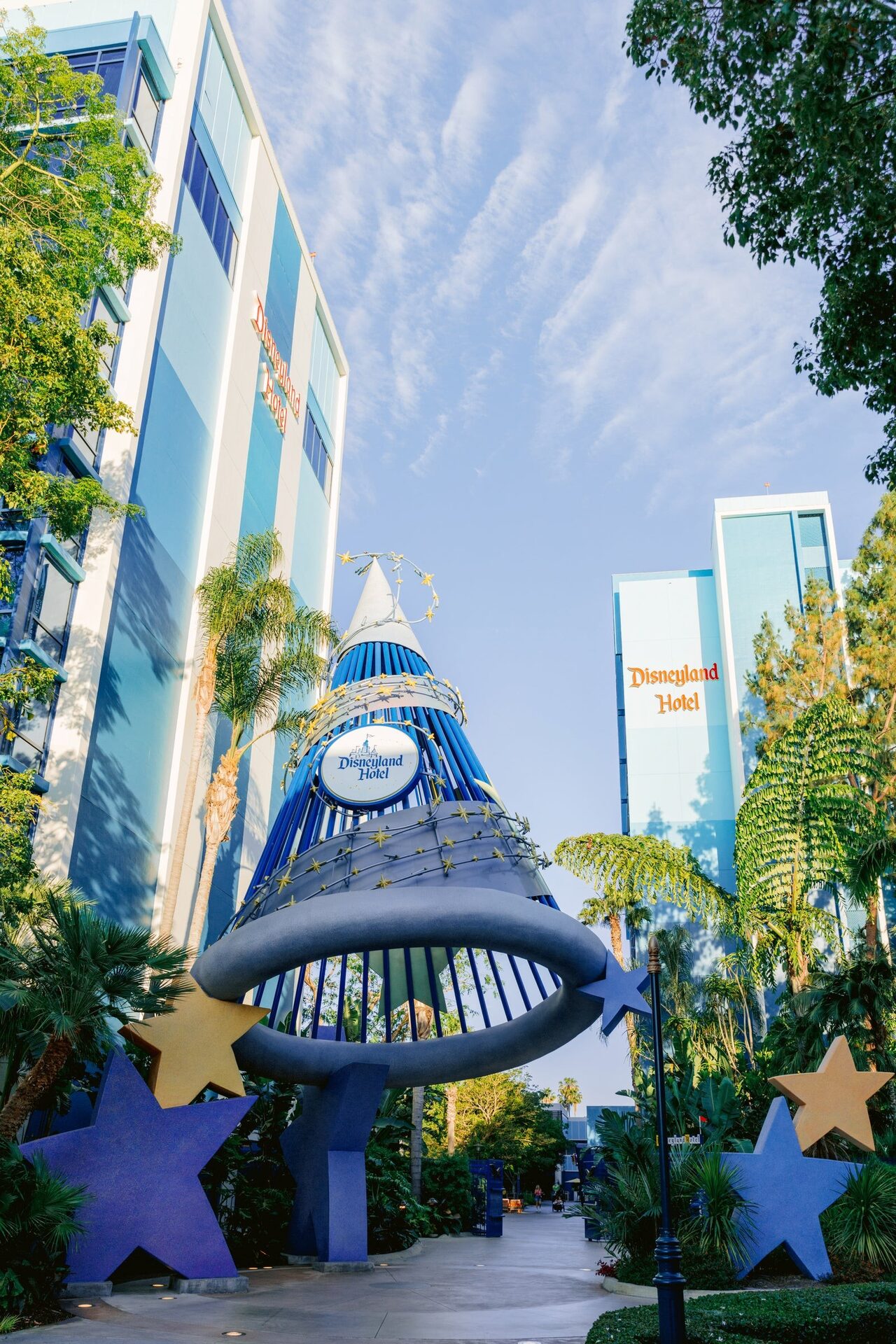 The towers and pool of the Disneyland Hotel at the Disneyland Resort in California