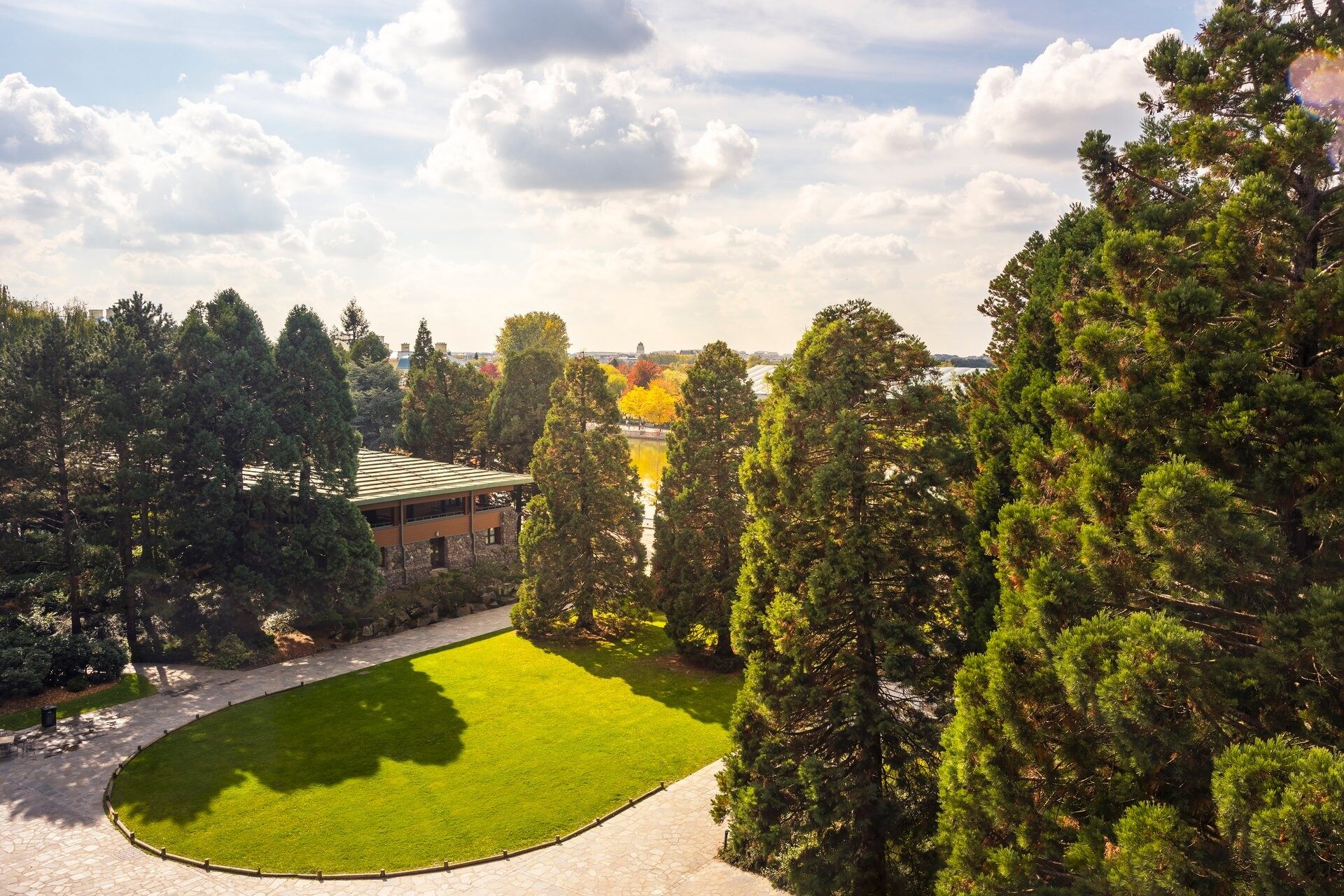 Les jardins du Disney Sequoia Lodge vus d'en haut, avec une pelouse ronde entourée de grands conifères et un des lodges en bois. Photo : ©Disney.