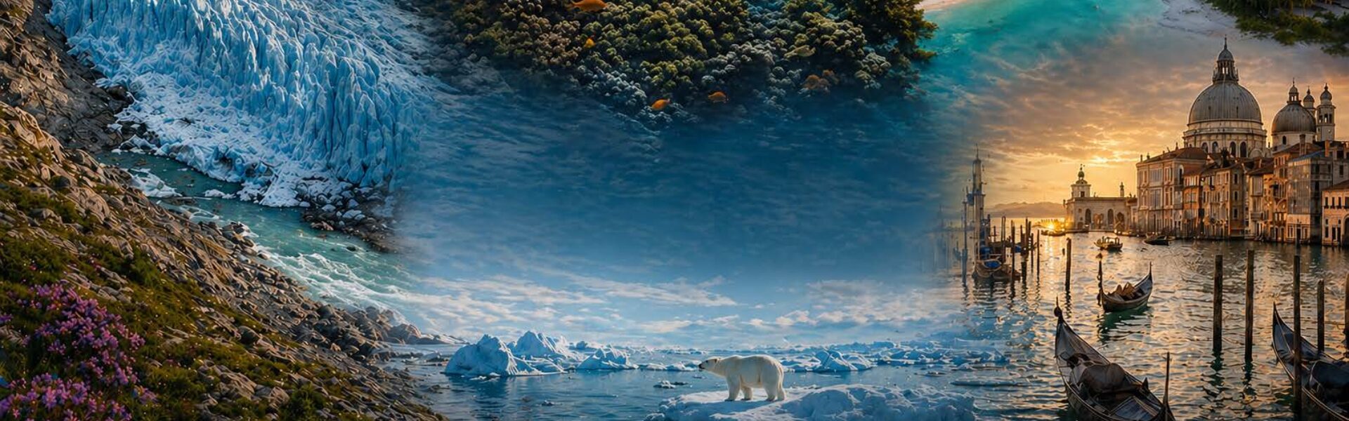 Panoramic montage depicting several endangered destinations: a mountain glacier, an underwater coral reef, a tropical island, Venice at sunset, and a polar bear on Arctic sea ice.