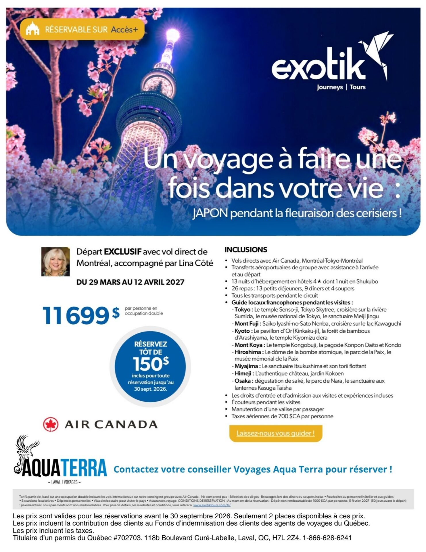 Promotion Exotik Tours Japon pendant la fleuraison des cerisiers avec Voyages Aquaterra