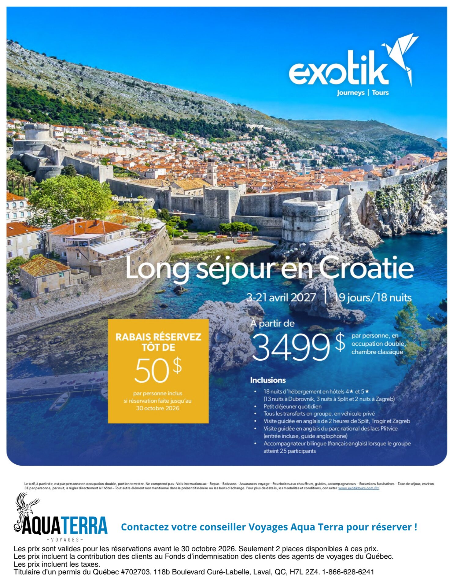 Promotion Exotik Tours : long séjour en Croatie de 19 jours à Dubrovnik, Split et Zagreb en avril 2027, avec Voyages AquaTerra