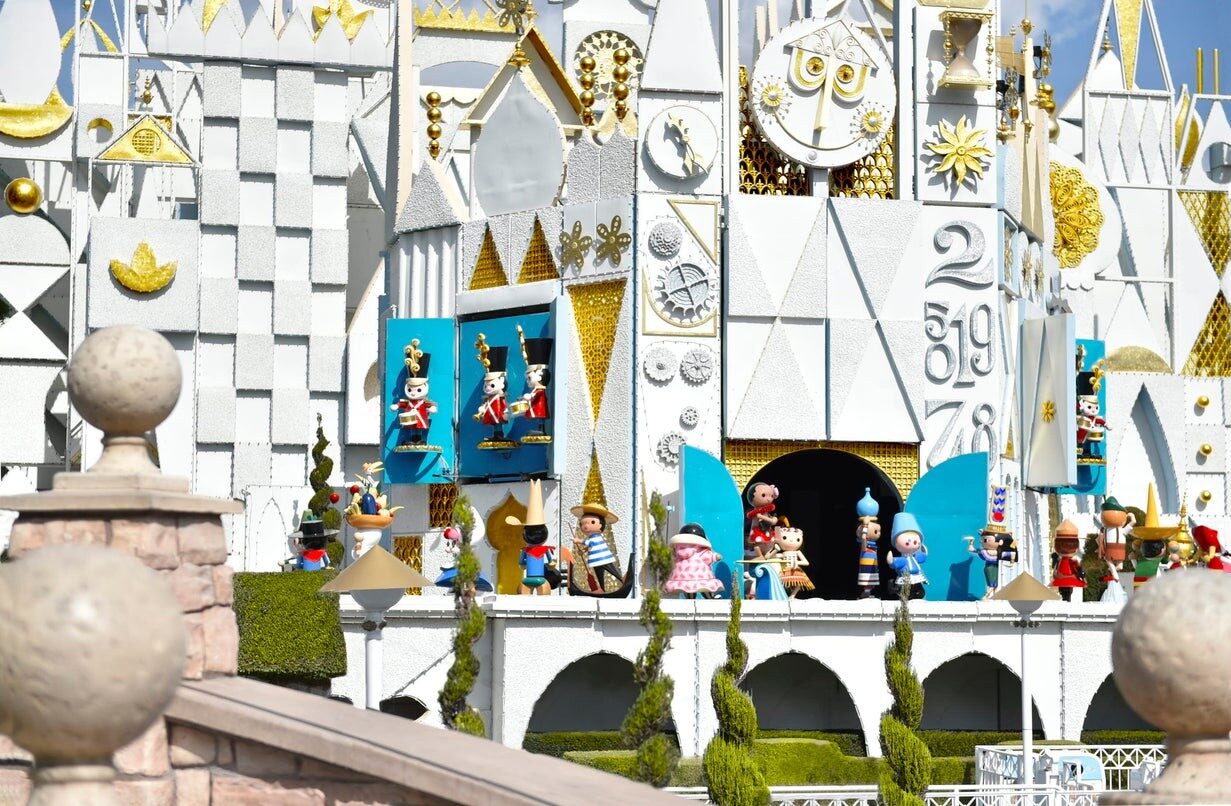 The facade of the it's a small world attraction at Disneyland Park in California