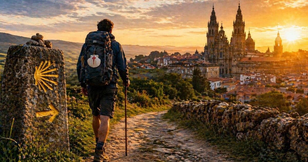 Un p&egrave;lerin marche sur le chemin de Compostelle au coucher du soleil, entre murets de pierre et collines dor&eacute;es, dans une atmosph&egrave;re de paix et de d&eacute;passement de soi.