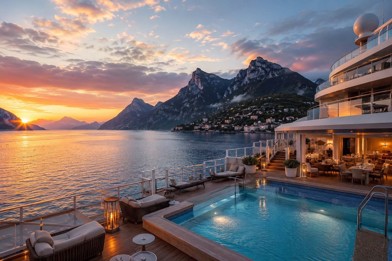 As the sun sets over the horizon, guests relax on a luxurious cruise deck featuring an infinity pool and panoramic ocean views. The scene captures the elegance, comfort, and exclusivity that define th