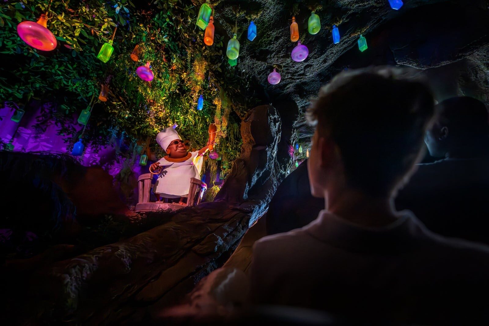 Mama Odie and the flume of Tiana's Bayou Adventure at Disneyland Park