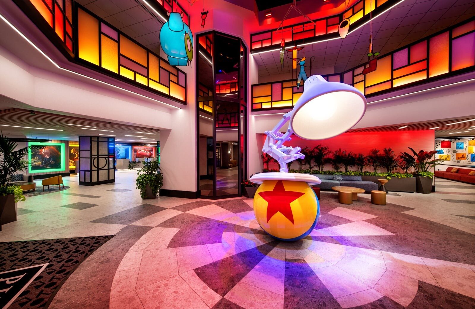 The Pixar Place Hotel lobby with its Luxo Jr. lamp at the Disneyland Resort