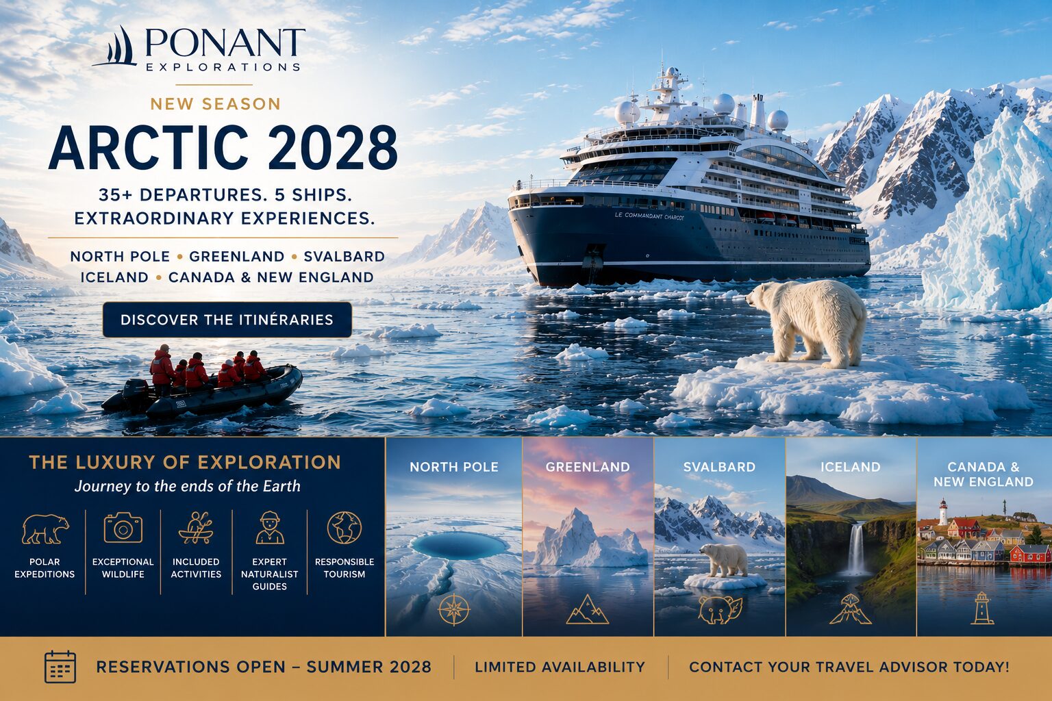 Le Commandant Charcot by Ponant Explorations sailing through Arctic sea ice and glaciers, featuring a polar bear, expedition zodiac and 2028 destinations including the North Pole, Greenland, Svalbard,