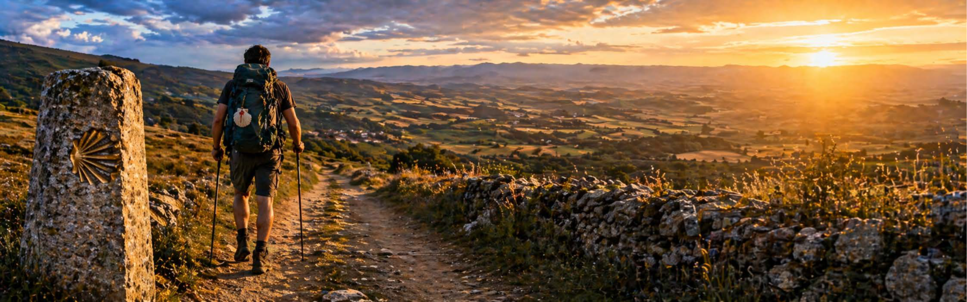 Un pèlerin marche sur le chemin de Compostelle au coucher du soleil, entre murets de pierre et collines dorées, dans une atmosphère de paix et de dépassement de soi