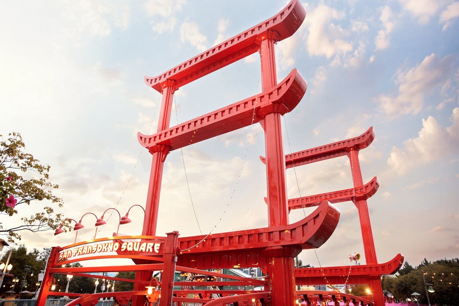 The red gate of San Fransokyo Square at Disney California Adventure Park