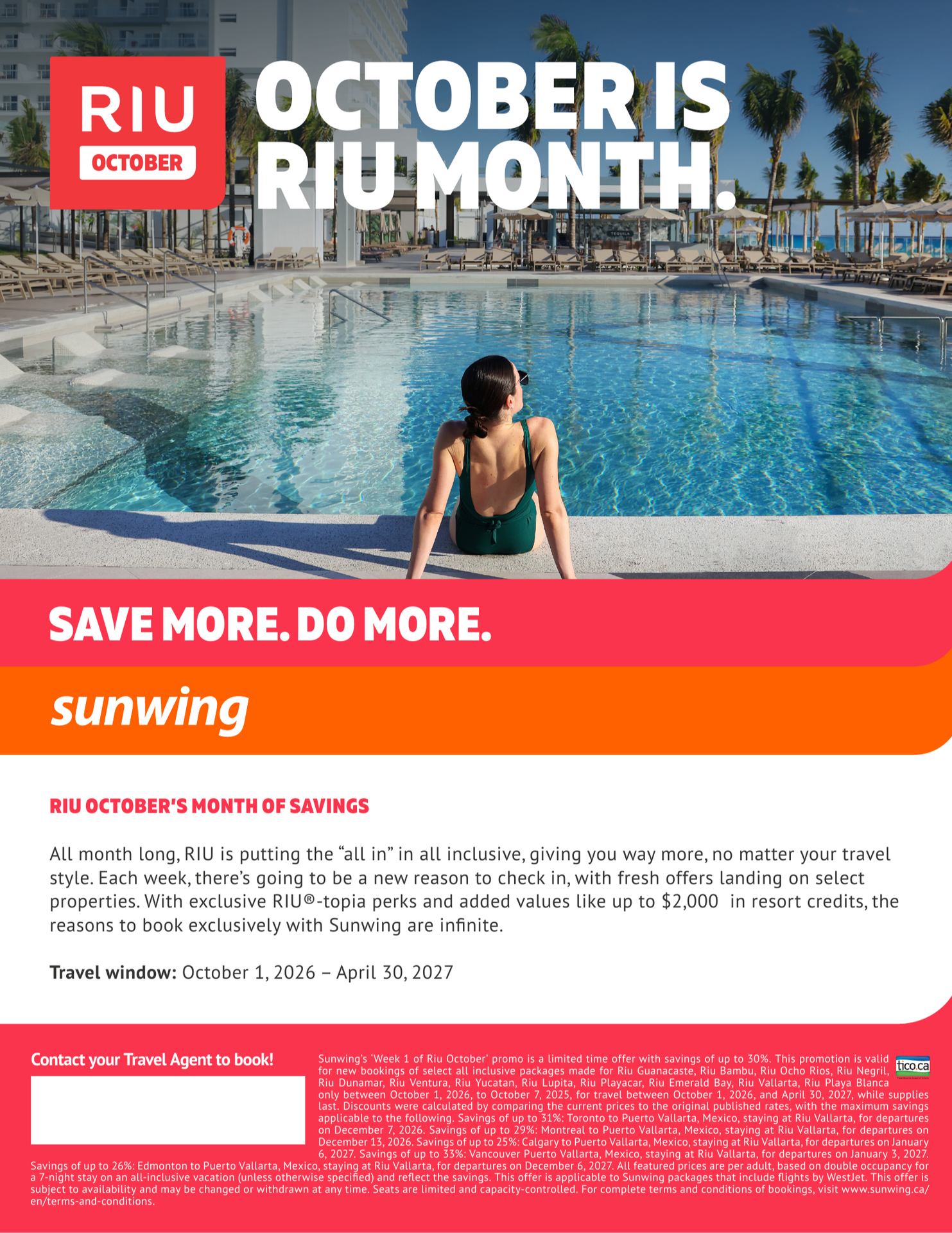 Sunwing — October is RIU month: all-inclusive packages with up to 30% off at Riu resorts (Guanacaste, Bambu, Ocho Rios, Negril, Dunamar, Ventura, Yucatan, Lupita, Playacar, Emerald Bay, Vallarta, Play Sunwing — October is RIU month: all-inclusive packages with up to 30% off at Riu resorts (Guanacaste, Bambu, Ocho Rios, Negril, Dunamar, Ventura, Yucatan, Lupita, Playacar, Emerald Bay, Vallarta, Play