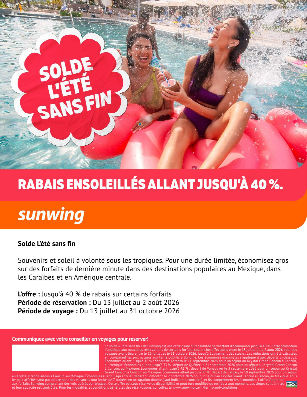 Promotion Sunwing solde d'été sans fin avec Voyages Aquaterra