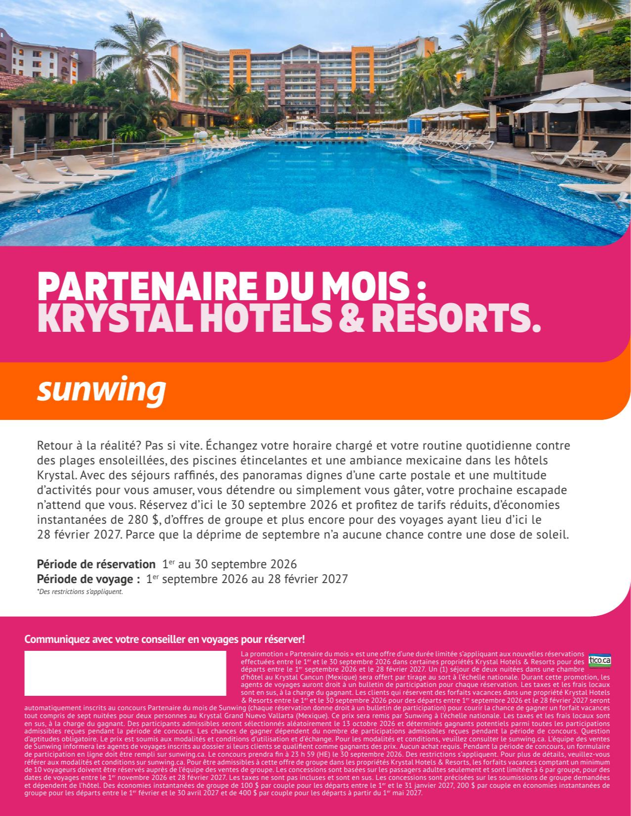 Promotion Sunwing partenaire du mois : Krystal Hotel & Resorts avec Voyages Aquaterra