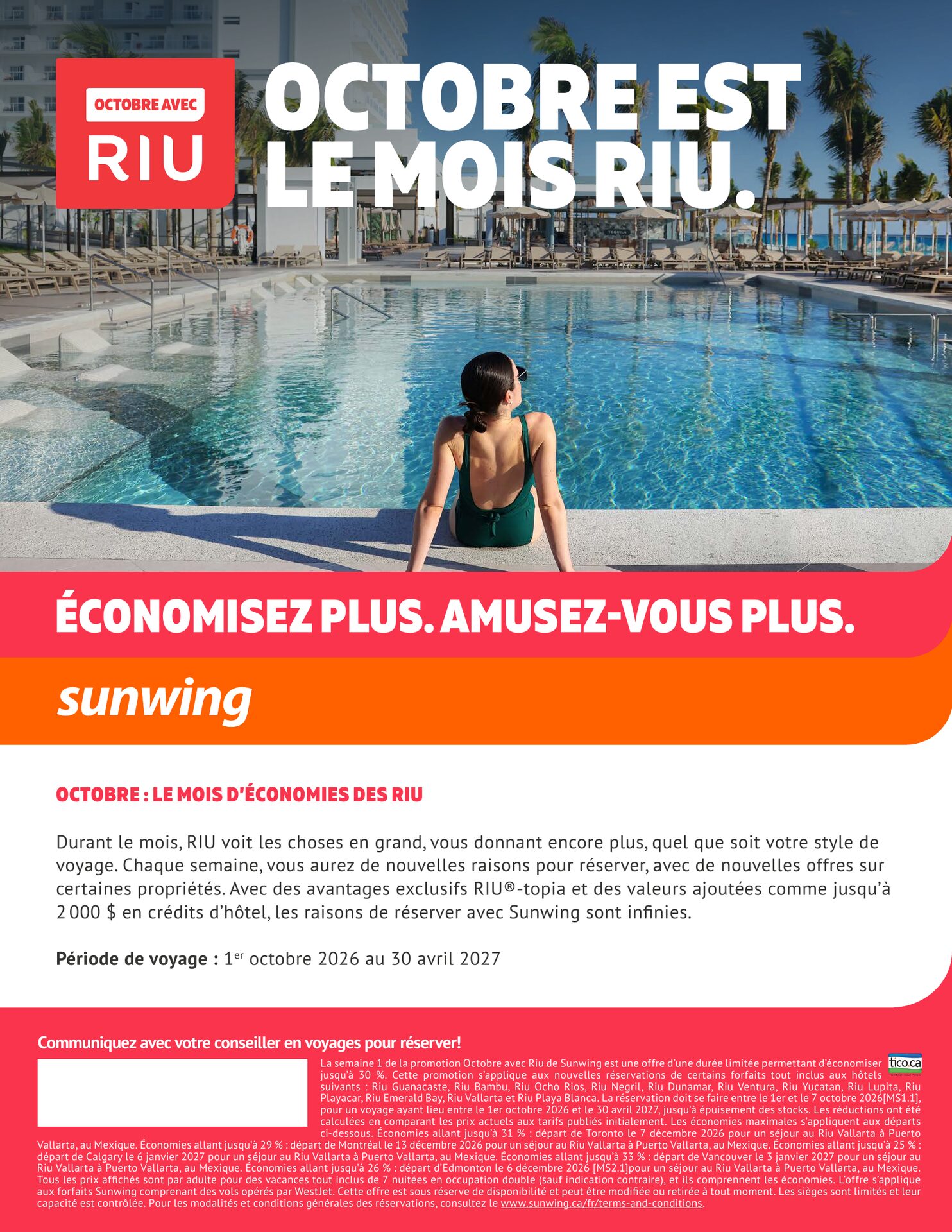 Sunwing — Octobre, le mois des économies RIU : forfaits tout inclus jusqu'à 30 % de rabais dans les hôtels Riu (Guanacaste, Bambu, Ocho Rios, Negril, Dunamar, Ventura, Yucatan, Lupita, Playacar, Emera Sunwing — Octobre, le mois des économies RIU : forfaits tout inclus jusqu'à 30 % de rabais dans les hôtels Riu (Guanacaste, Bambu, Ocho Rios, Negril, Dunamar, Ventura, Yucatan, Lupita, Playacar, Emera