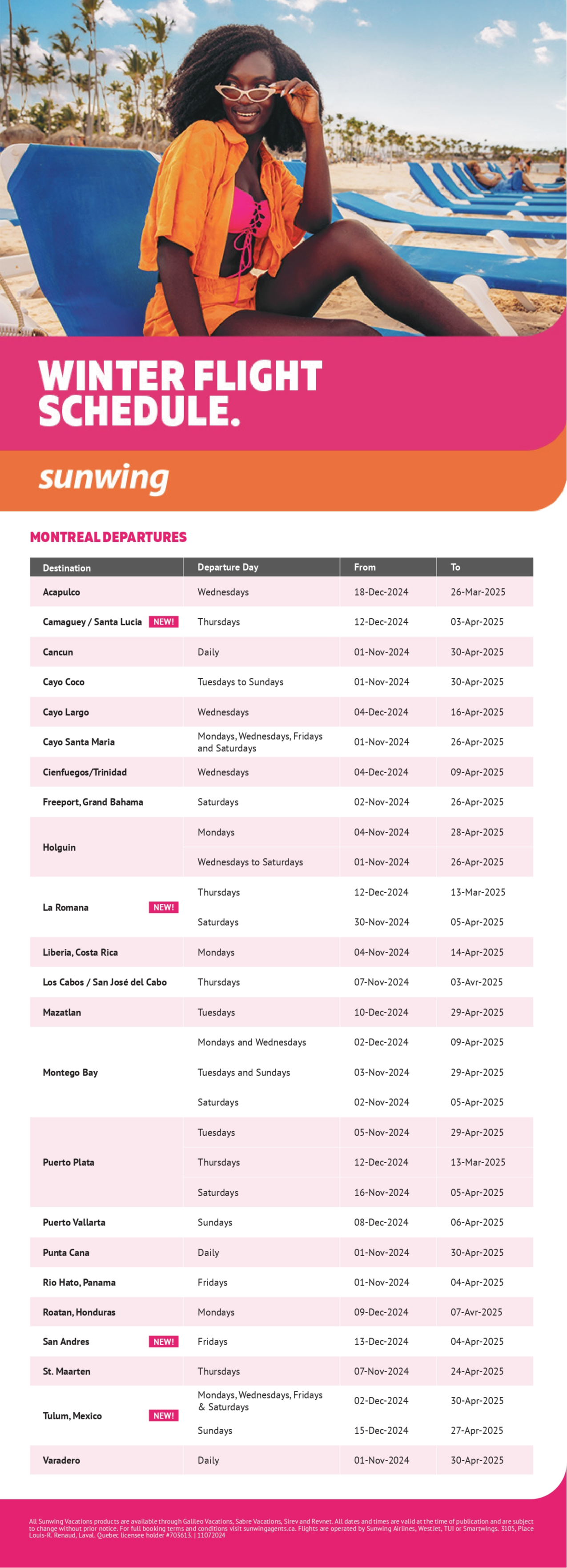 Sunwing Vacations winter flight schedule with Aqua Terra Travel