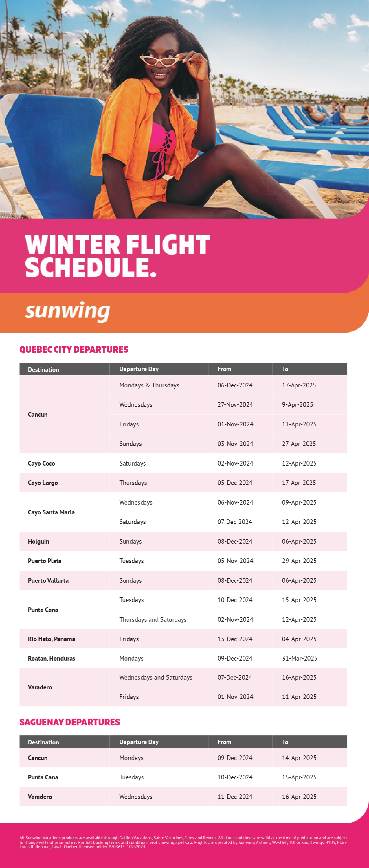 Sunwing Vacations winter flight schedule with Aqua Terra Travel