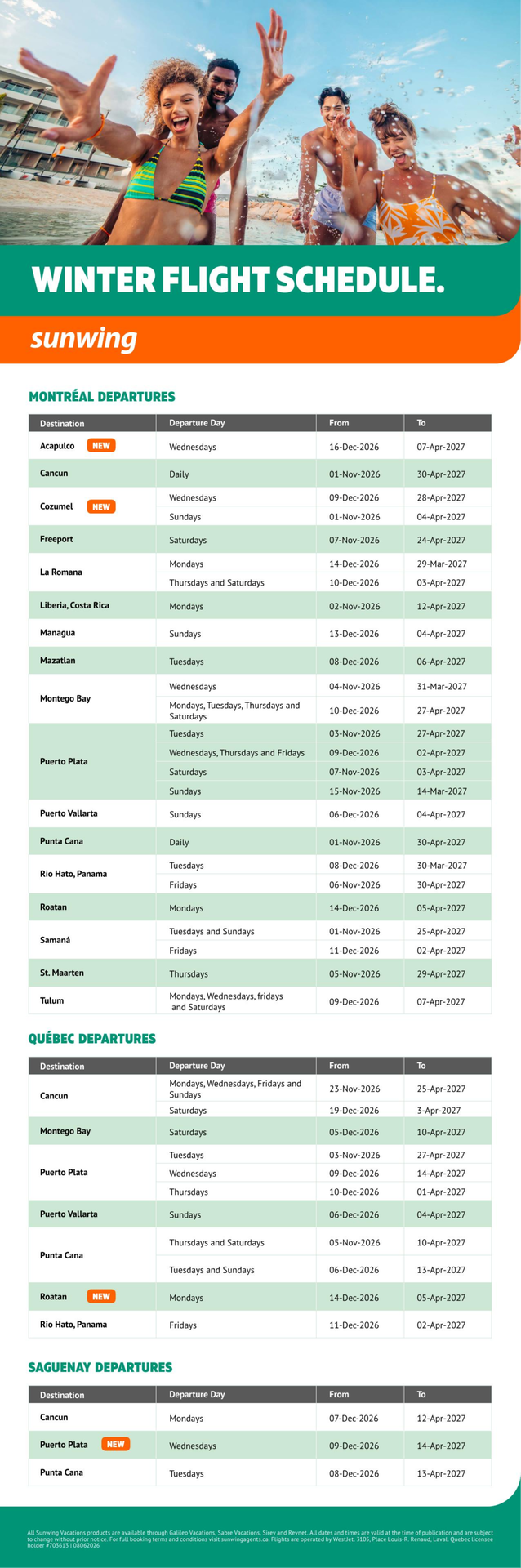 Sunwing Promotion Winter flight schedule with Voyages Auqaterra Sunwing Promotion Winter flight schedule with Voyages Auqaterra