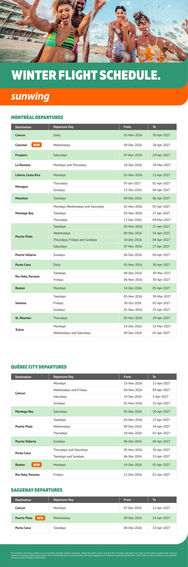 Sunwing Promotion Winter flight schedule with Voyages Auqaterra