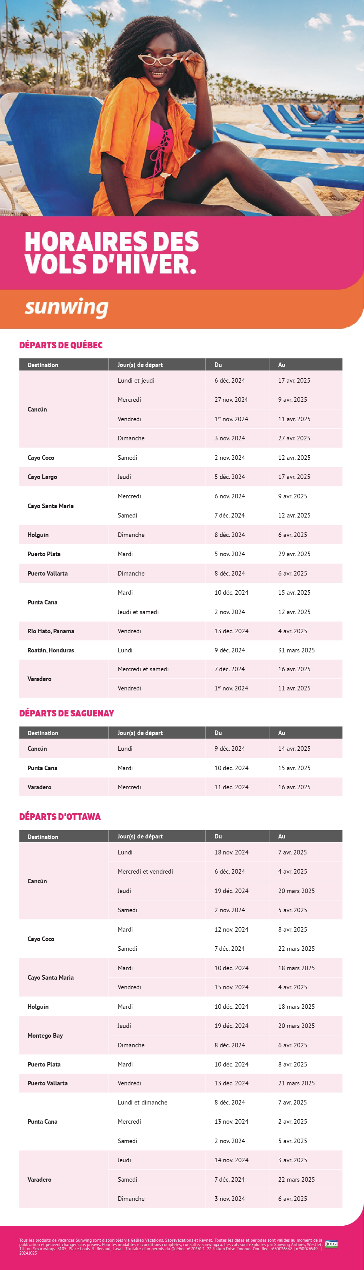 Horaires des vols d'hiver Vacances Sunwing avec Voyages Aqua Terra