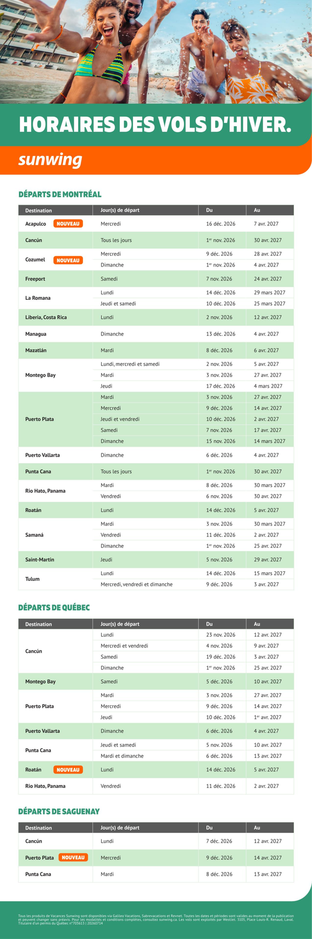 Promotion Horaires des vols d'hiver avec Voyages Aquaterra