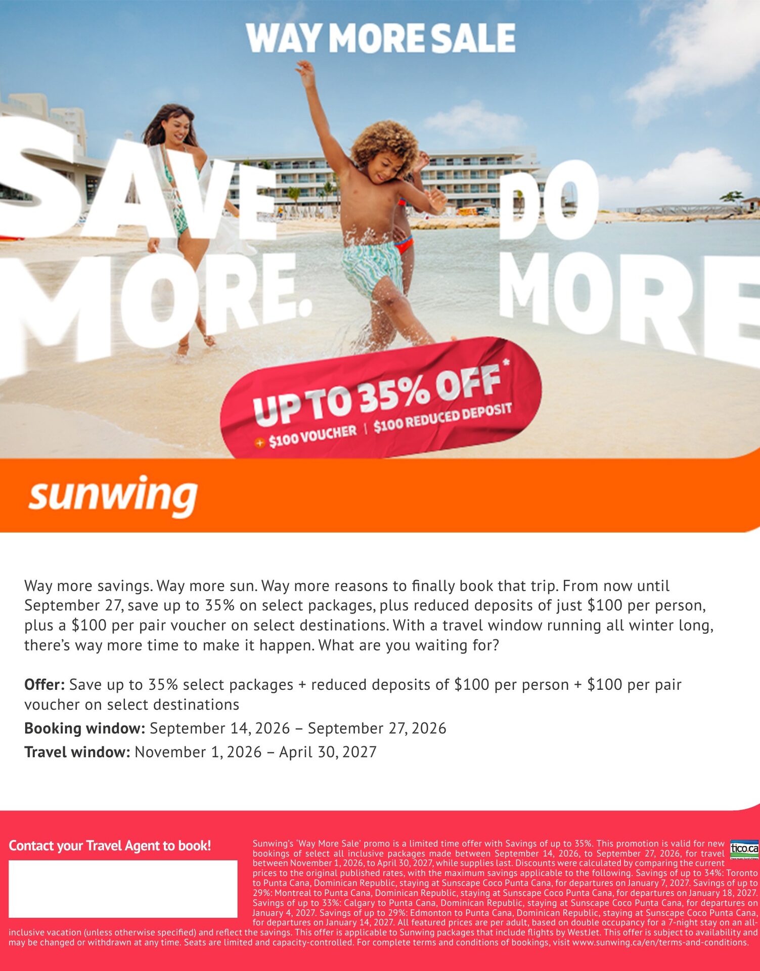 Sunwing Vacations Way More Sale: save up to 35% on select packages with a reduced deposit, book by September 27, 2026, with Voyages AquaTerra