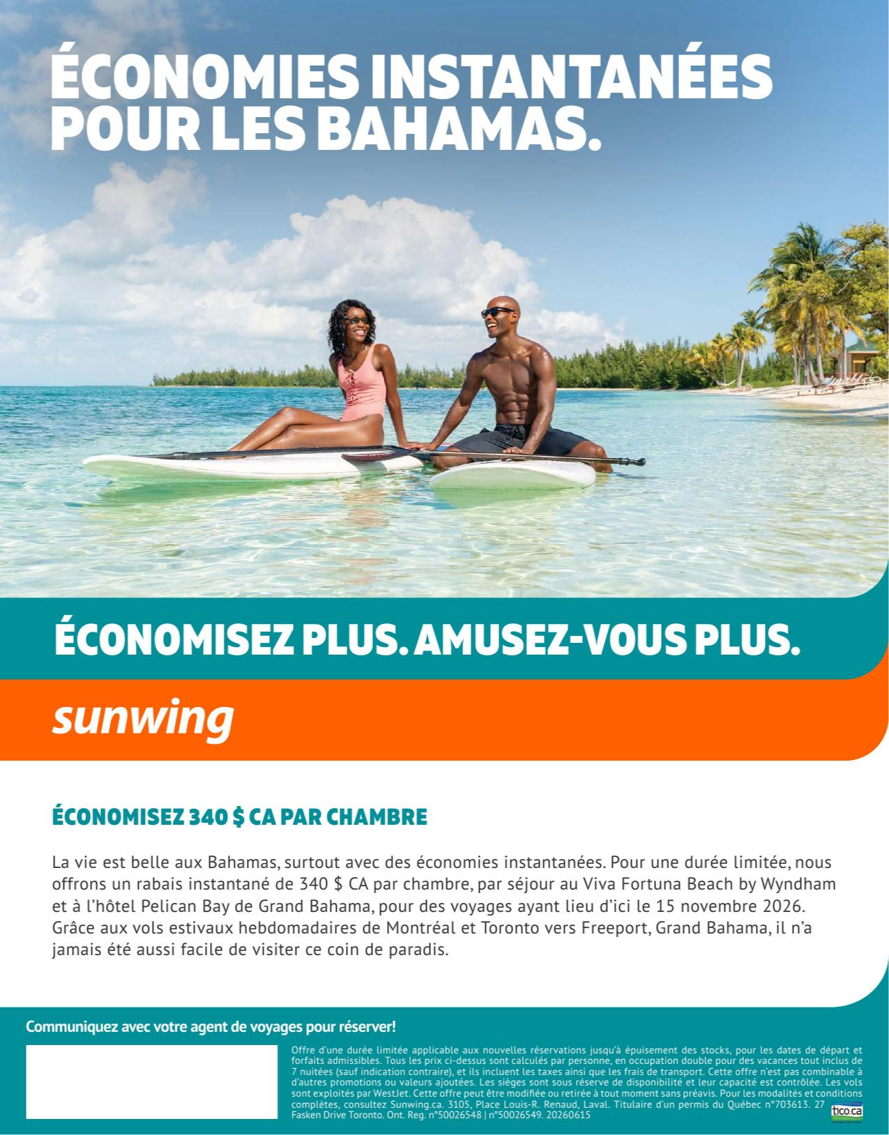 Promotion Sunwing Économies instantanées pour les Bahamas avec Voyages AquaTerra
