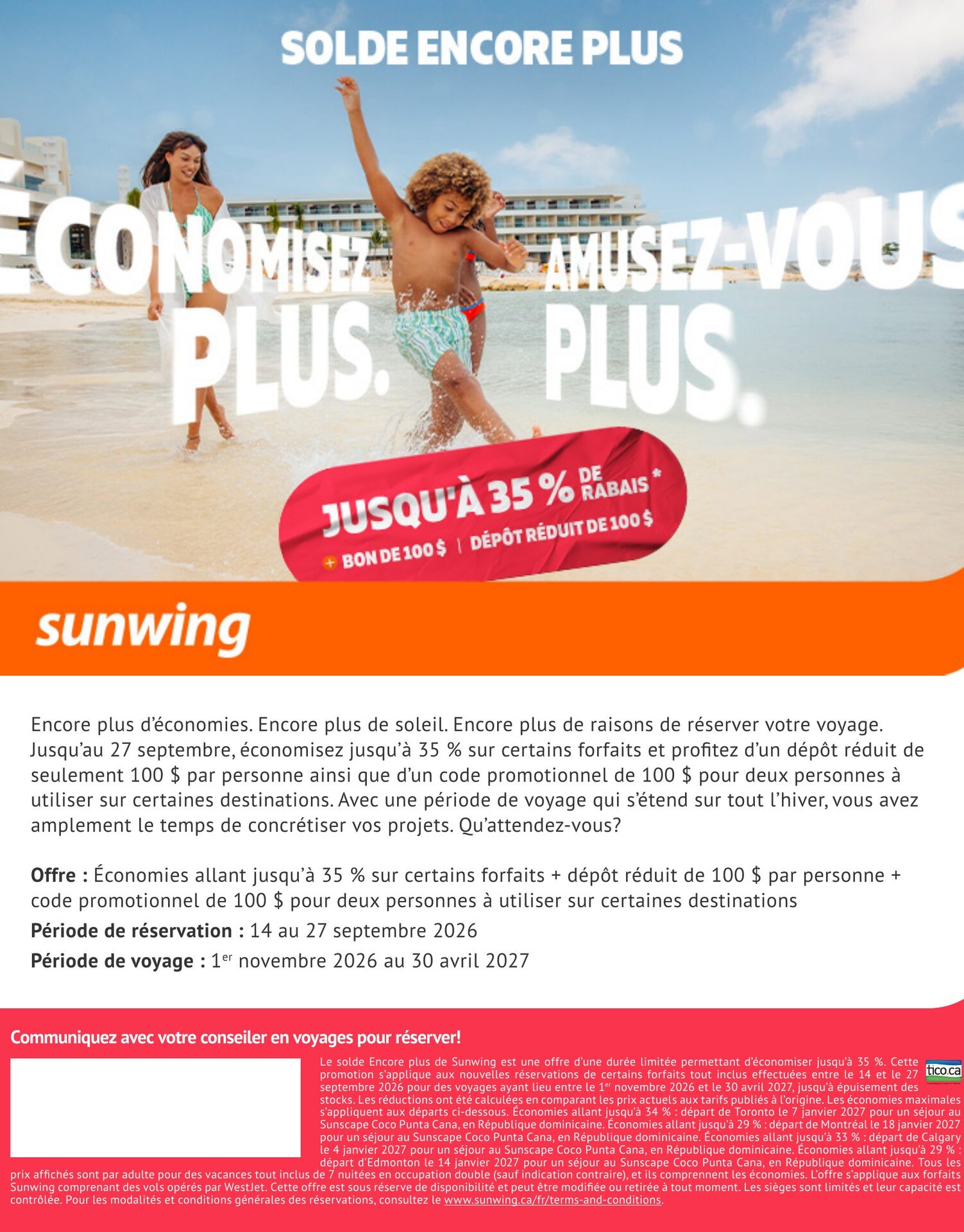 Vacances Sunwing, Solde Encore Plus : jusqu'à 35 % de rabais sur certains forfaits et dépôt réduit, réservation avant le 27 septembre 2026, avec Voyages AquaTerra