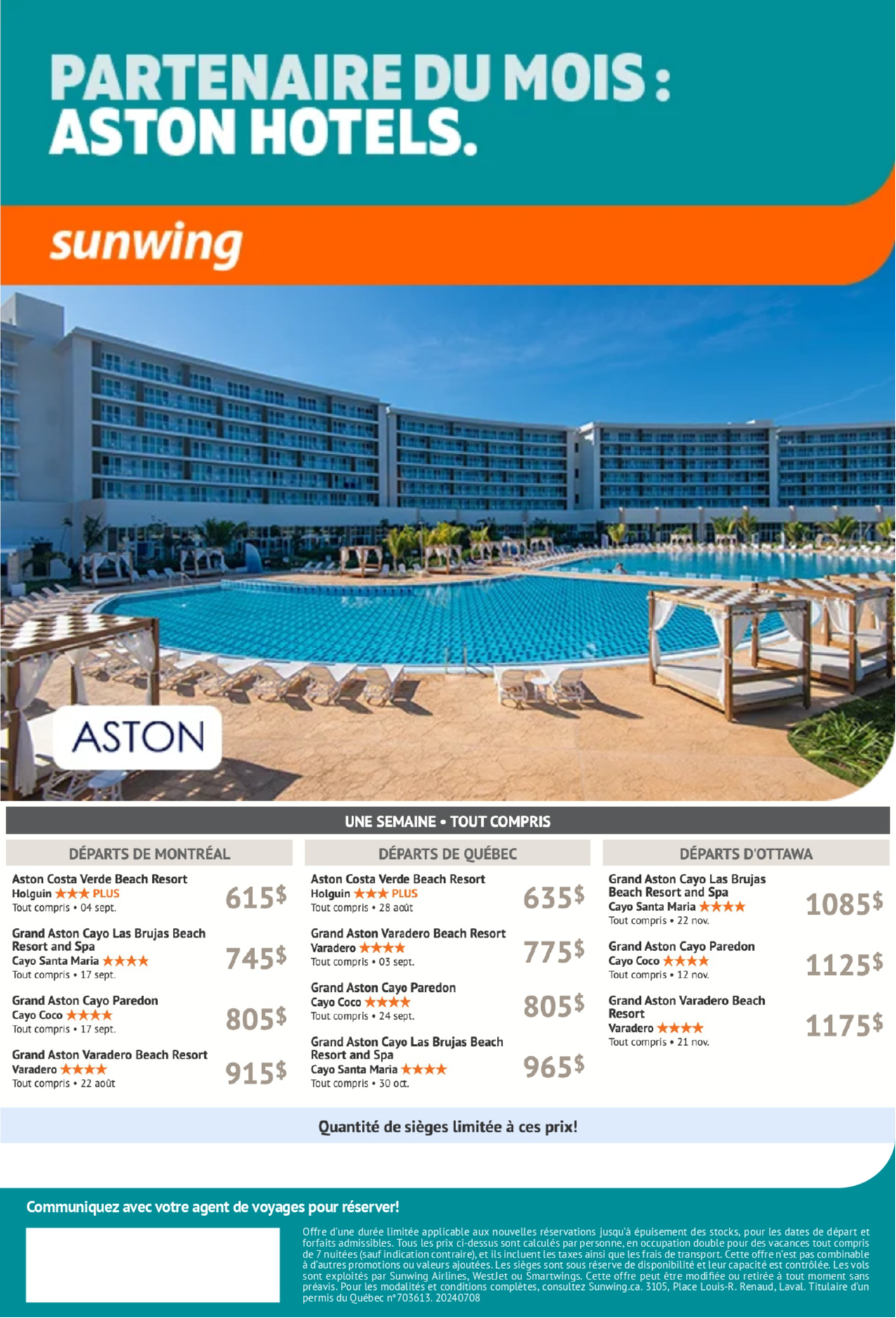 Promotion Vacances Sunwing partenaire du mois Aston Hotels avec Voyages Aqua Terra 