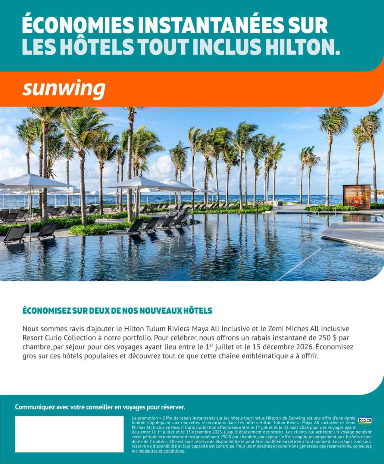 Promotion Sunwing Économies instantanées sur le hôtels tout inclus Hilton avec Voyages AquaTerra