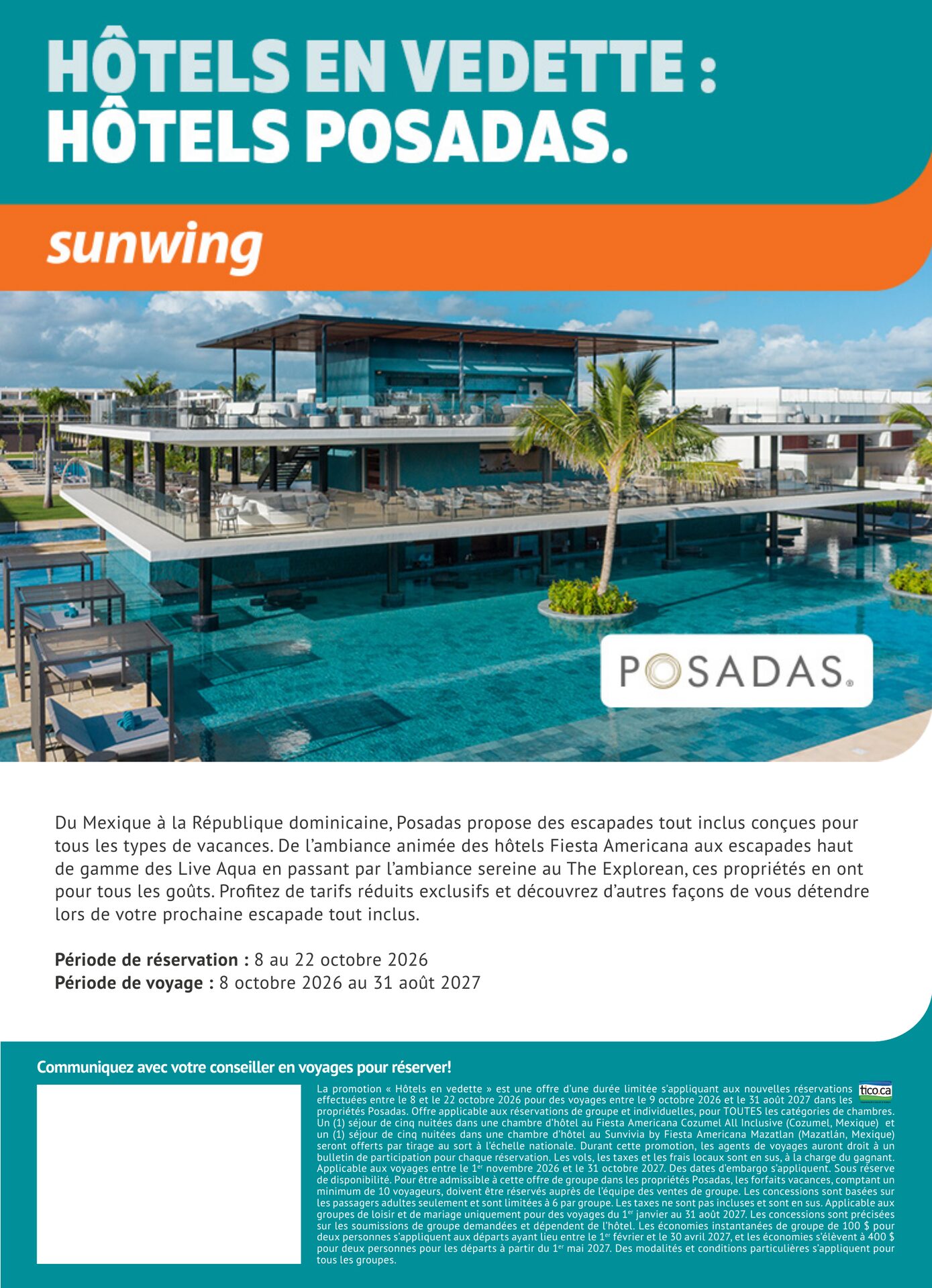 Sunwing — Hôtels en vedette Posadas : escapades tout inclus au Mexique et en République dominicaine dans les propriétés Fiesta Americana, Live Aqua et The Explorean, tarifs réduits exclusifs, réservat Sunwing — Hôtels en vedette Posadas : escapades tout inclus au Mexique et en République dominicaine dans les propriétés Fiesta Americana, Live Aqua et The Explorean, tarifs réduits exclusifs, réservat