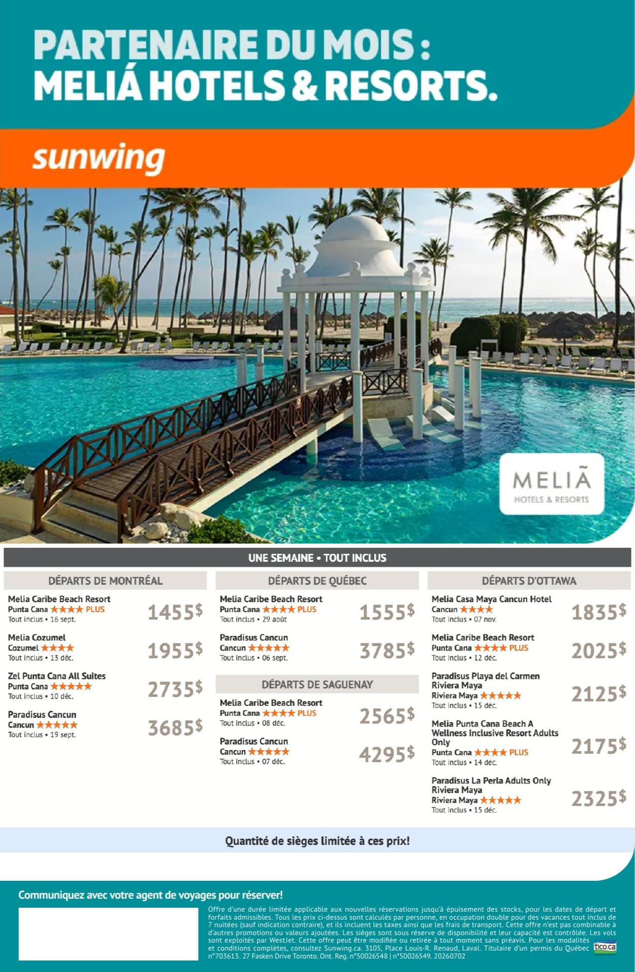 Promotion Sunwing partenaire du mois : Melia Hotels & Resorts avec Voyages AquaTerra