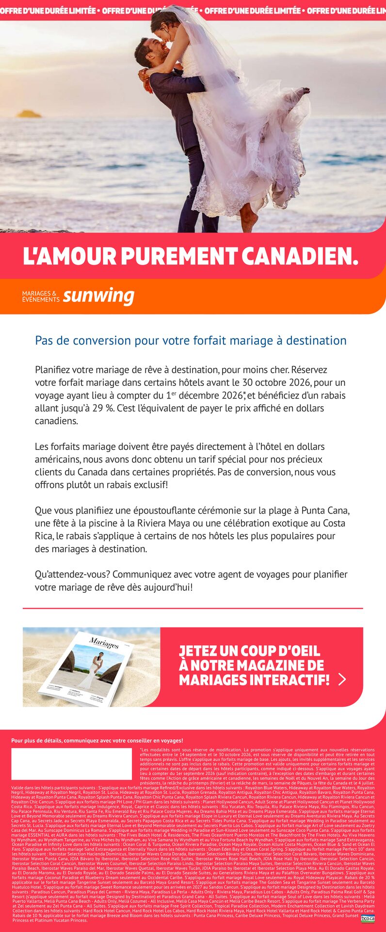 Sunwing — Mariages à destination au pair : jusqu'à 29 % de rabais sur les forfaits mariage de base dans certains hôtels de Punta Cana, de la Riviera Maya et du Costa Rica, sans conversion de devise am Sunwing — Mariages à destination au pair : jusqu'à 29 % de rabais sur les forfaits mariage de base dans certains hôtels de Punta Cana, de la Riviera Maya et du Costa Rica, sans conversion de devise am